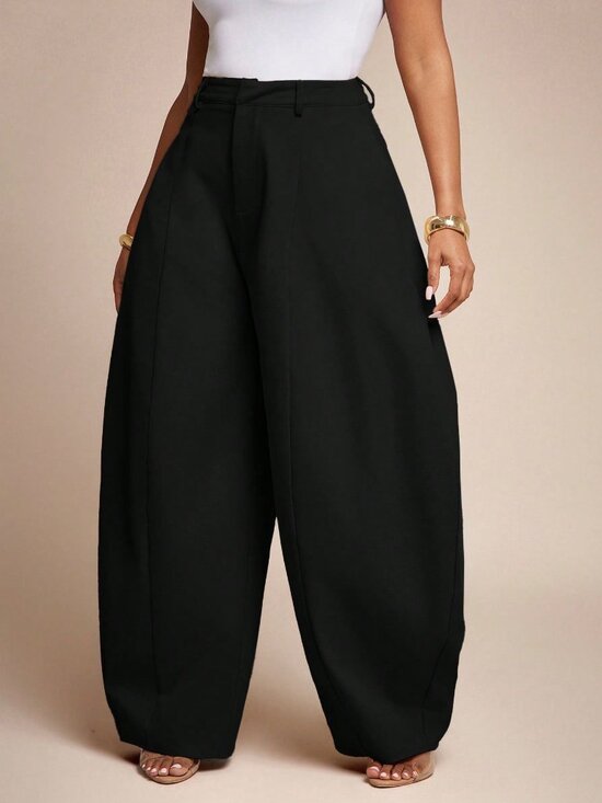 MODA ME COUTURE Pants - Black Elegant Women's Seam Detail High Waist Barrel Leg Office Pants